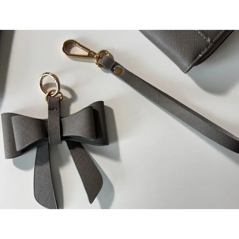Gray Saffiano Faux Leather 4pc Wristlet Clutch Wallet Cosmetic Bag Set Gold Tone